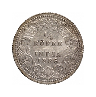 Silver Quarter Rupee Coin of Victoria Empress of Calcutta Mint of 1886.