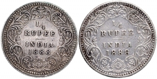 Silver Quarter Rupee Coins of Victoria Empress of Calcutta and Bombay Mint of 1888.