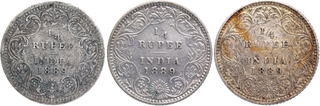 Silver Quarter Rupee Coins of Victoria Empress of Calcutta and Bombay Mint of 1889.