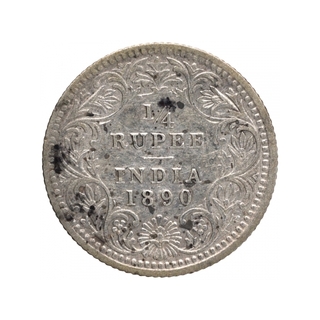 Silver Quarter Rupee Coin of Victoria Empress of Calcutta Mint of 1890.