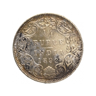 Silver Quarter Rupee Coin of Victoria Empress of Bombay Mint of 1892.