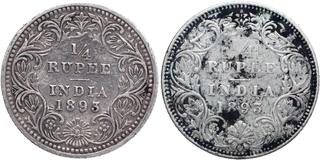 Silver Quarter Rupee Coins of Victoria Empress of Calcutta and Bombay Mint of 1893.