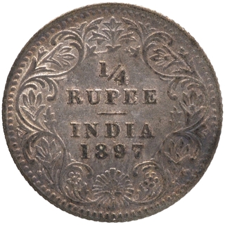 Silver Quarter Rupee Coin of Victoria Empress of Calcutta Mint of 1897.