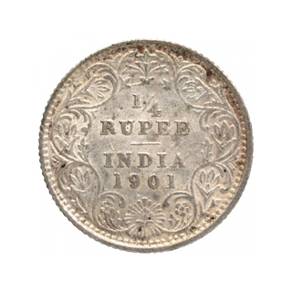 Silver Quarter Rupee Coin of Victoria Empress of  Calcutta Mint of 1901.