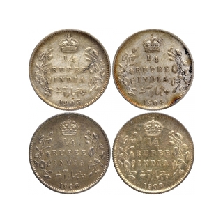 Silver Quarter Rupee Coins of King Edward VII of Calcutta Mint of 1903, 1904, 1906 ad 1907.