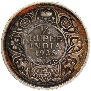 Silver Quarter Rupee Coin of King George V of Bombay Mint of 1928.