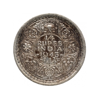 Silver Quarter Rupee Coin of King George VI of Bombay Mint of 1943.