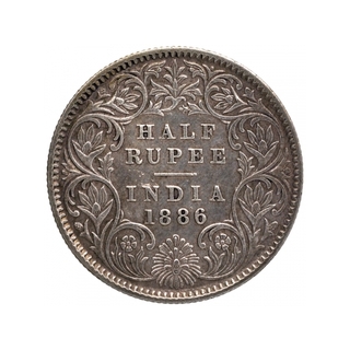 Silver Half Rupee Coin of Victoria Empress of Calcutta Mint of 1886.