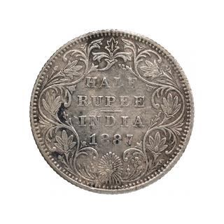 Silver Half Rupee Coin of Victoria Empress of Bombay Mint of 1887.