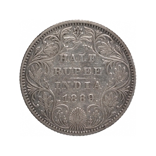 Silver Half Rupee Coin of Victoria Empress of Bombay Mint of 1889.