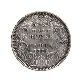 Silver Half Rupee Coin of Victoria Empress of Calcutta Mint of 1894.