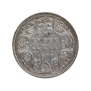 Silver One Rupee Coin of Victoria Empress of Bombay Mint of 1877.