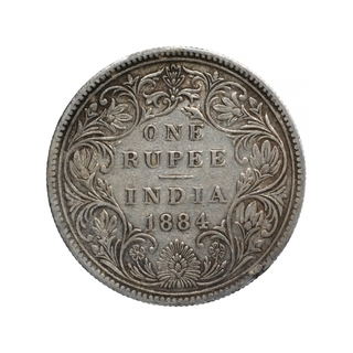 Silver One Rupee Coin of Victoria Empress of Bombay Mint of 1884.