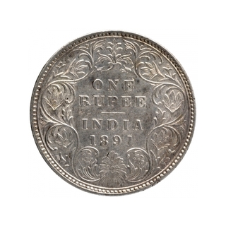 Silver One Rupee Coin of Victoria Empress of Bombay Mint of 1891.