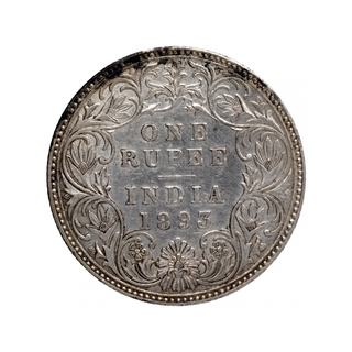 Silver One Rupee Coin of Victoria Empress of Bombay Mint of 1893.