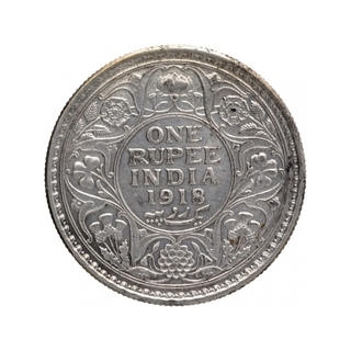 Silver One Rupee Coin of King George V of Calcutta Mint of 1918.