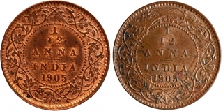 Copper One Twelfth Anna Coins of King Edward VII of Calcutta Mint of 1905.