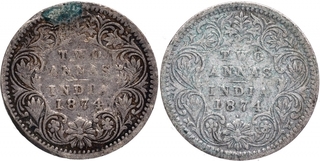 Silver Two Annas Coins of Victoria Queen of Bombay Mint of 1874.