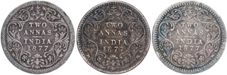 Silver Two Annas Coins of Victoria Empress of Bombay Mint of 1877.