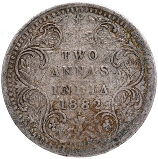 Silver Two Annas Coin of Victoria Empress of Bombay Mint of 1882.