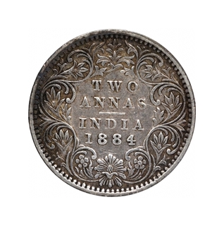 Silver Two Annas Coin of Victoria Empress of Bombay Mint of 1884.