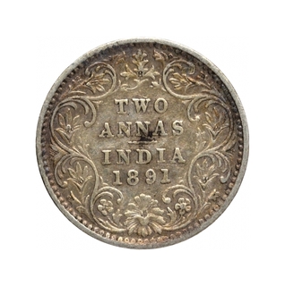 Silver Two Annas Coin of Victoria Empress of Bombay Mint of 1891.