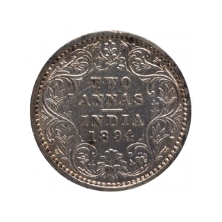 Silver Two Annas Coin of Victoria Empress of Bombay Mint of 1894.