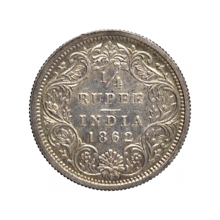 Silver Quarter Rupee Coin of Victoria Queen of Bombay Mint of 1862.