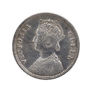 Silver Quarter Rupee Coin of Victoria Queen of Calcutta Mint of 1874.