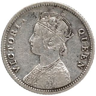 Silver Quarter Rupee Coin of Victoria Queen of Calcutta Mint of 1875.