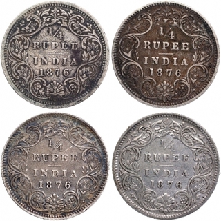 Silver Quarter Rupee Coins of Victoria Queen of Calcutta and Bombay Mint of 1876.