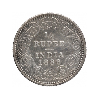 Silver Quarter Rupee Coin of Victoria Empress of Bombay Mint of 1886.