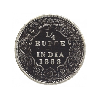 Silver Quarter Rupee Coin of Victoria Empress of Bombay Mint of 1888.