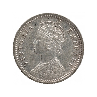 Silver Quarter Rupee Coin of Victoria Empress of Calcutta Mint of 1889.