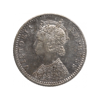 Silver Quarter Rupee Coin of Victoria Empress of Bombay Mint of 1890.