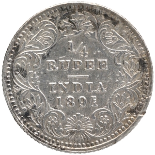 Silver Quarter Rupee Coin of Victoria Empress of Calcutta Mint of 1891.