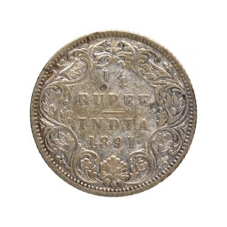 Silver Quarter Rupee Coin of Victoria Empress of Bombay Mint of 1891.