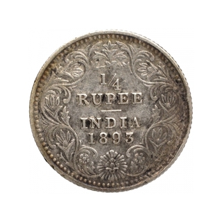 Silver Quarter Rupee Coin of Victoria Empress of Calcutta Mint of 1893.