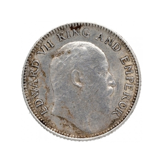 Silver Quarter Rupee Coin of King Edward VII of Calcutta Mint of 1910.