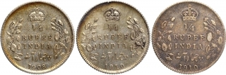 Silver Quarter Rupee Coins of King Edward VII of Calcutta and Bombay Mint of 1908 and 1910.