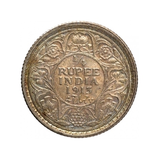 Silver Quarter Rupee Coin of King George V of Calcutta Mint of 1913.