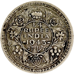 Silver Quarter Rupee Coin of King George VI of Lahore Mint of 1943.