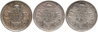 Silver Quarter Rupee Coins of King George VI of Bombay Mint of 1943.