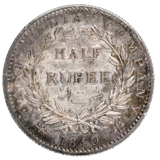 Silver Half Rupee Coin of Victoria Queen of Calcutta Mint of 1840.