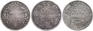 Silver Half Rupee Coins of Victoria Queen of Calcutta Mint of 1862.