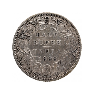 Silver Half Rupee Coin of Victoria Empress of Bombay Mint of 1888.