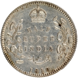 Silver Half Rupee Coin of King Edward VII of Calcutta Mint of 1910.