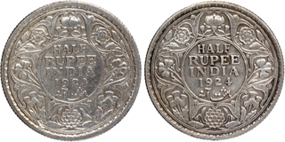 Silver Half Rupee Coins of King George V of Calcutta and Bombay Mint of 1924.