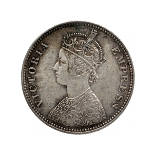 Silver One Rupee Coin of Victoria Empress of Bombay Mint of 1877.