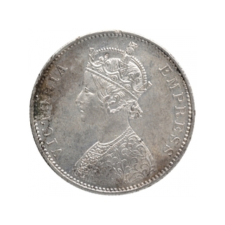 Silver One Rupee Coin of Victoria Empress of Bombay Mint of 1879.